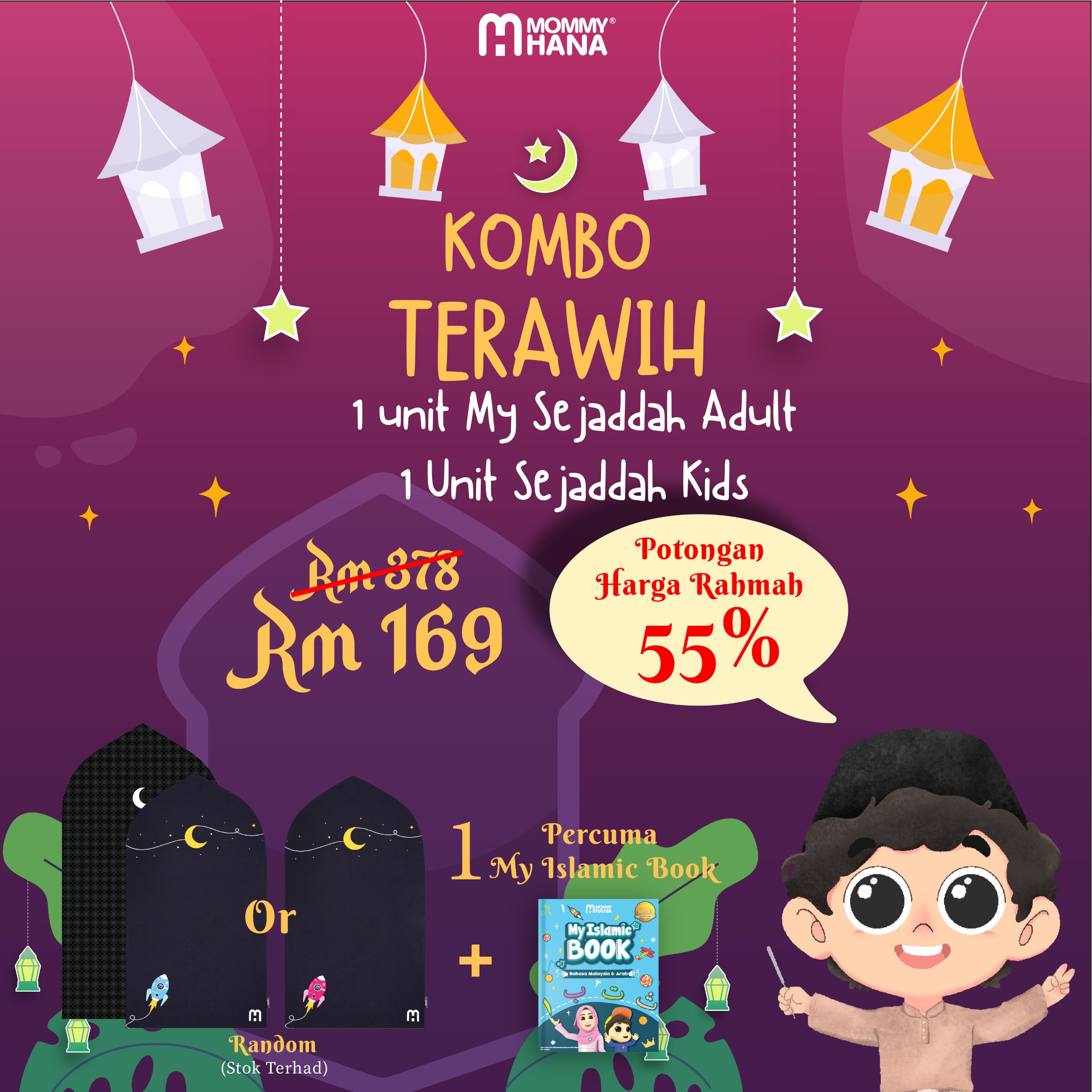 kombo terawih 1 unit sejadah adult 1 unit sejadah kids free mib